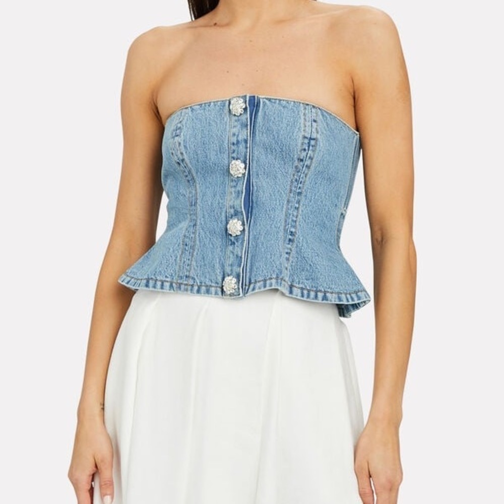 GANNI Rhinestone-Embellished Denim Bustier Blue Size 36 / US 4 Small - Picture 2 of 13